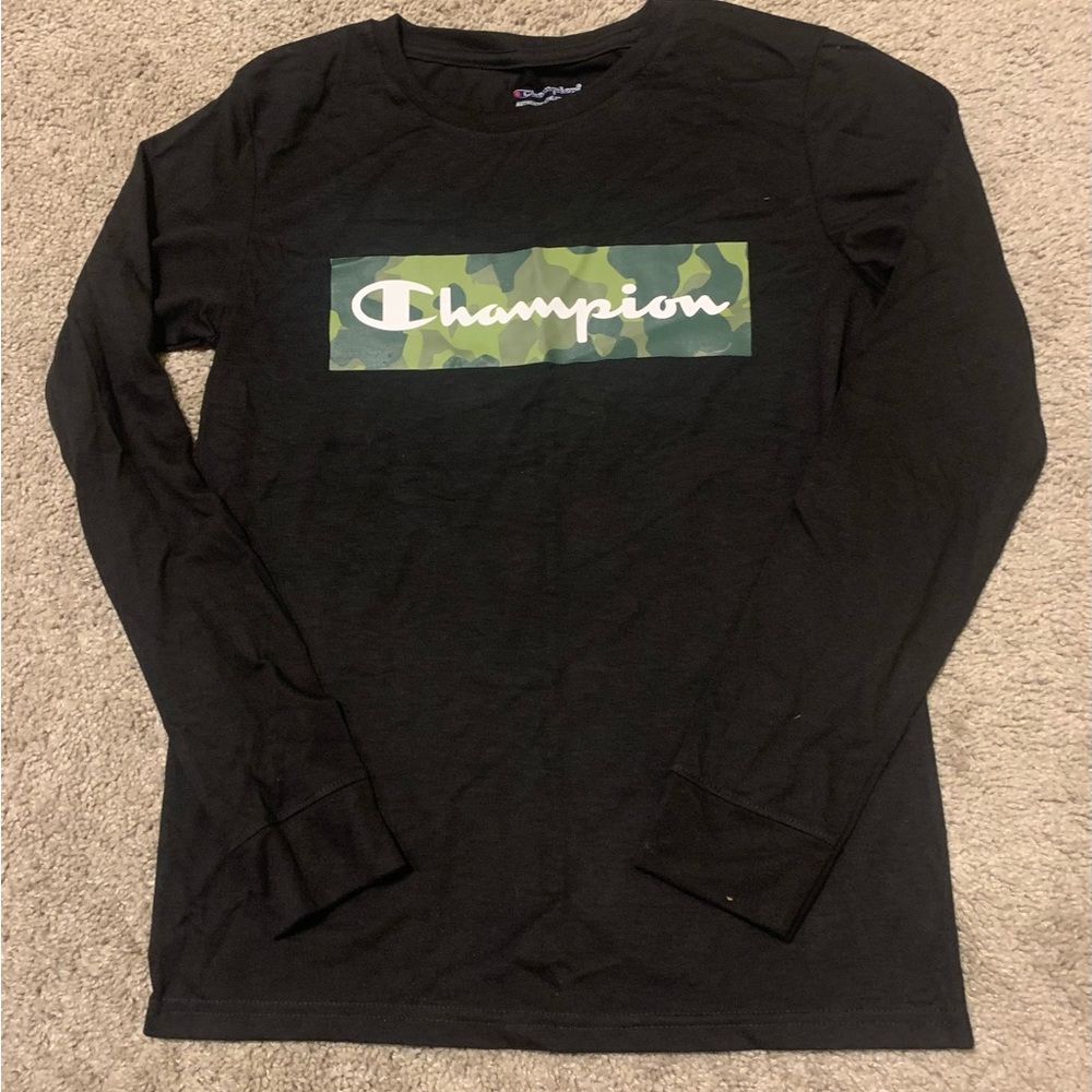 Champion Black Long Sleeve with Green Camo Logo